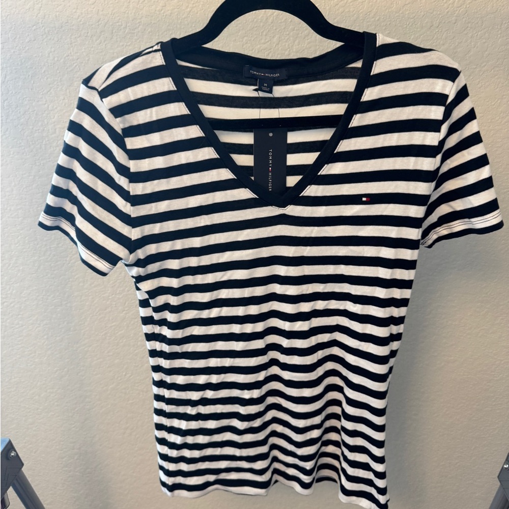 Tommy Hilfiger Women's Black and White Striped Tee